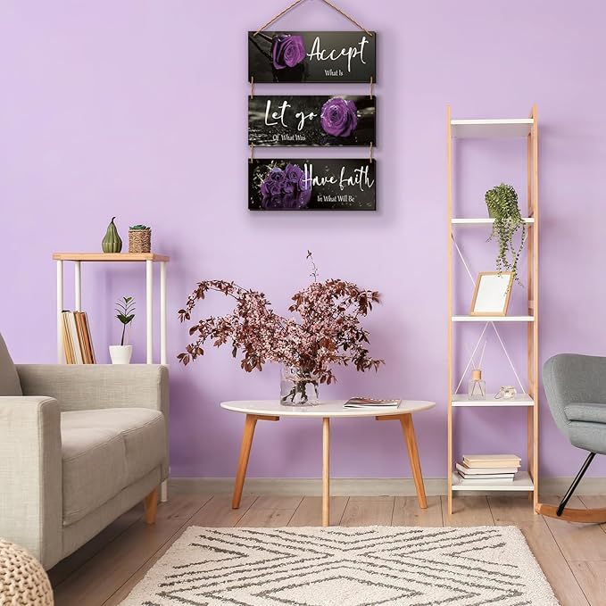 ZINYAZHE 3 Pcs Purple Bathroom Decor Inspirational Wall Decor Wooden Rose Wall Art Bedroom Wall Art With Accept Let Go Have Faith Quotes For Girl Women Office Living Room(Purple 10 x 4 Inch)