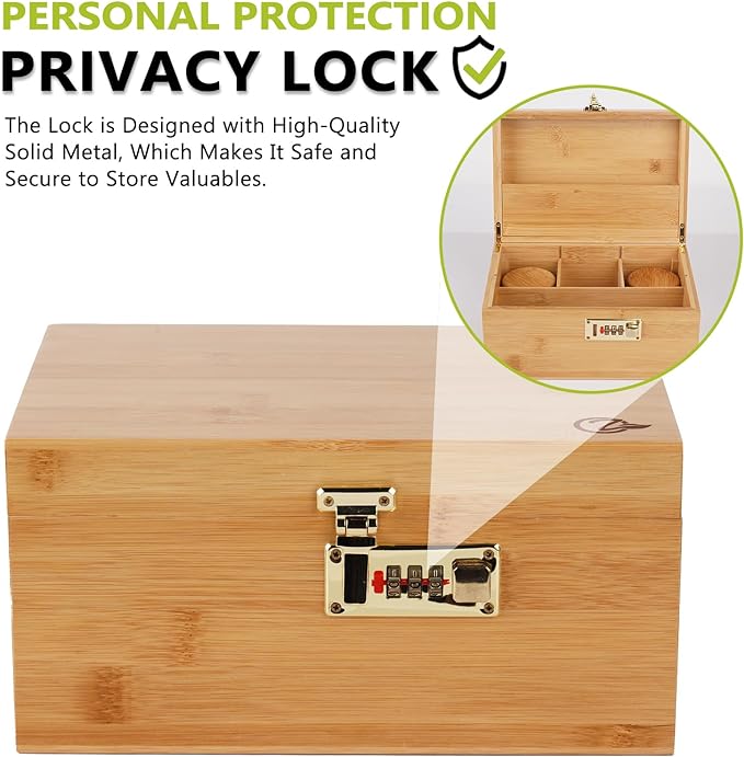 OZCHIN Large Bamboo Box with Combination Lock Decorative box for Home Great Gift Choice Storage Lockbox with Storage Jar, Gifts for Men Women (Brown, 10 x 6.9 x 5 inches)