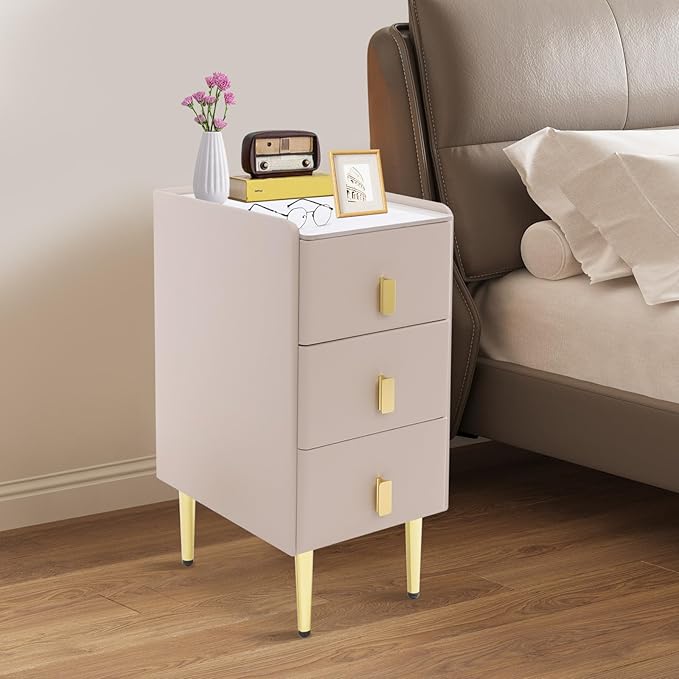 Narrow Nightstand with 3 Drawers, Narrow Side Table End Table Leather Bedside Cabinet Slim Storage Bedside Table for Small Space Bedroom Living Room Dormitories (Pink)