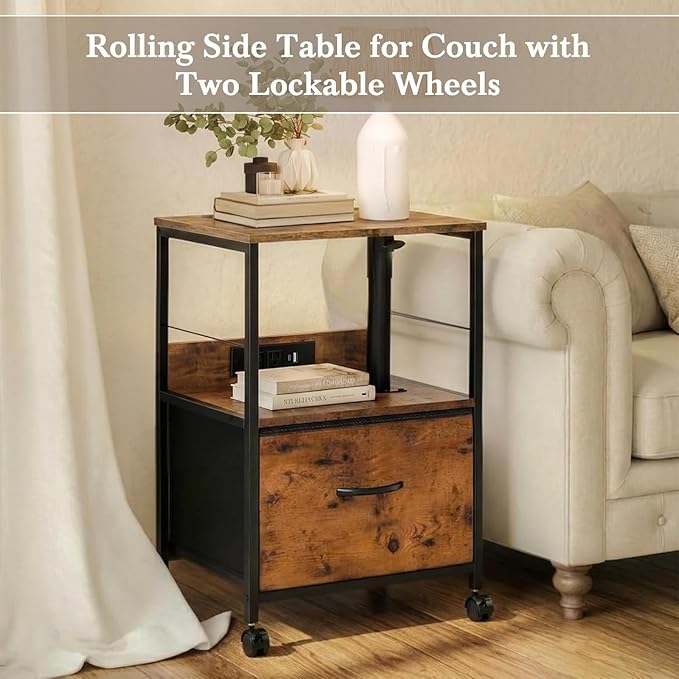 360° Swivel Nightstand with Height Adjustable, Lift Top Bedside Table with Charging Station, Rolling Night Stand with Fabric Drawer, End Table with Wheels, for Bedroom, Living Room, Rustic Brown