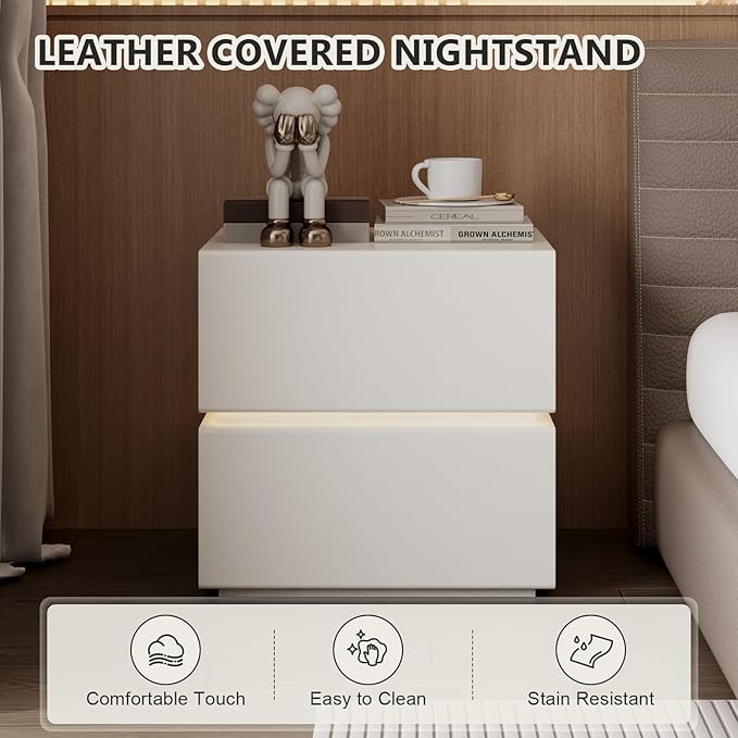 Nightstand with 2 Drawer, Bedside Table with Microfibre Leather, Fashion Night Stand for Bedroom, No Assembly Required (White, 2 Drawers with Light)