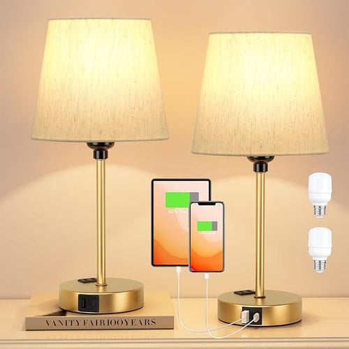 Acaxin Lamp for bedrooms Set of 2 - Nightstand Bedroom Lamp with USB C Port and AC Outlet Charging, 3 Way Dimmable Touch Control Bed Side Table Lamp, Small Night Stand Light for Kids/Guest Room