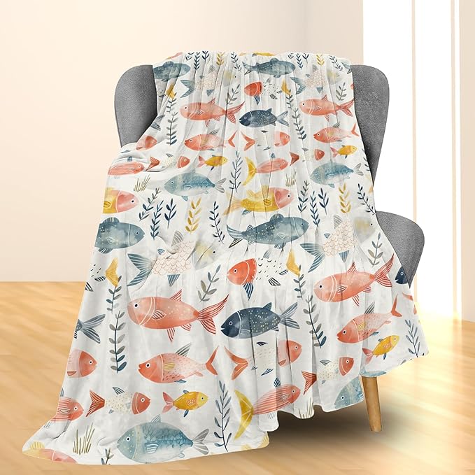 Watercolor Fish Blanket | Soft Warm Fuzzy Lightweight Flannel Throw Blanket Perfect for Couch, Bed, Decor, Travel & Outdoor Use, Cozy Blankets for Adults Kids Women Girls 80×60 in