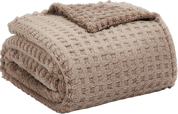 Soft Cozy Fuzzy Fleece Throw Blanket, Waffle Light Taupe, 50x60 Inches – Lightweight, Fluffy, and Warm 3D Jacquard All-Season Blanket for Couch, Bed, Sofa, Home Decor, Camping, and Travel