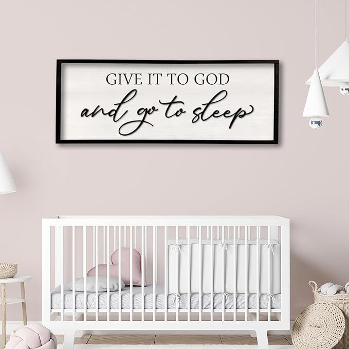 Give it to God and Go to Sleep Sign Wall Decor Wood Frame 32" X 12" Master Bedroom Above Bed Large Minimalistic Rustic Farmhouse Hanging Over Bed Wall Art Guest Room Decoration (Black)