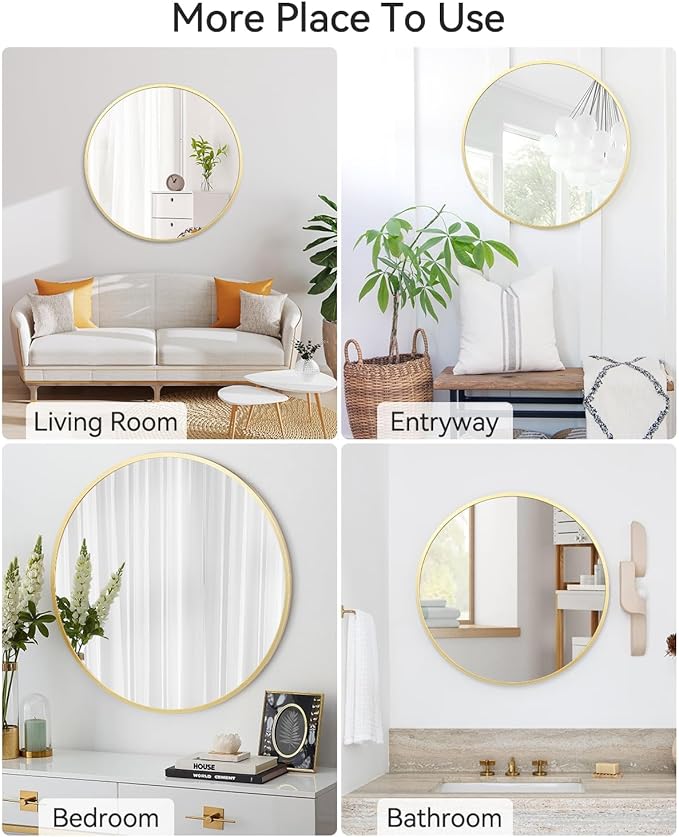 24 Inch Round Mirror, Gold Circle Mirror for Bathroom, HD Eco-Friendly Round Bathroom Mirror for Over Sink, Small Matte Gold Metal Framed Wall Mirror for Wall, Vanity, Entryway, Easy to Install