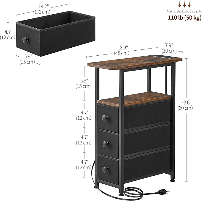 Narrow End Table with Charging Station, Narrow Side Table with Drawer, Small Nightstand with LED Light, Skinny Nightstand, Small Bedside Table for Living Room, Bedroom, Couch, Rustic Brown
