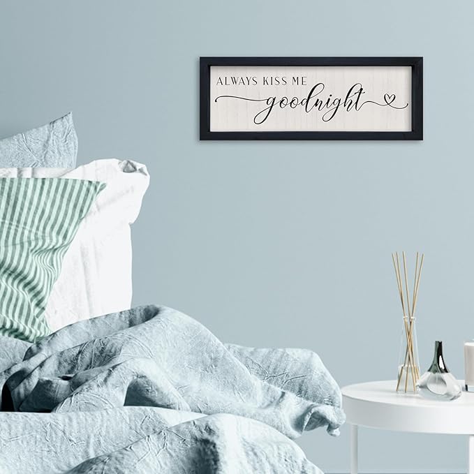 SRSZHIYUE Always Kiss Me Goodnight Sign 16"X6" Farmhouse Above Over Bed Couples Love Quotes Theme Master Bedroom Wall Decor Romantic Wedding Gift Hanging (Black)