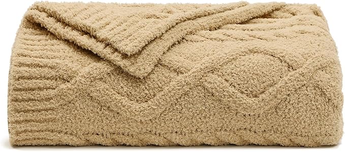bearberry Plush Fleece Blanket Ultra Cozy & Warm Cable Knit - Machine Washable Throw for Living Room, Bedroom, Office | Lightweight Fuzzy Blanket for Adults, Kids, Pets (Camel, 50”x60”)