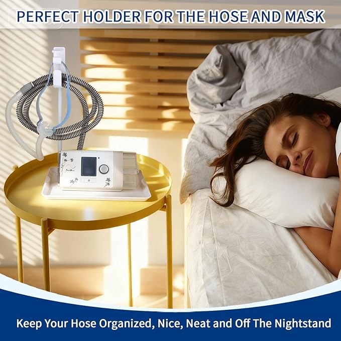 Bedside Retractable CPAP Hose Holder - (Wall-Damage-Free) White Adjustable Height Hook for Hanging Mask & Tubing to Keep CPAP Supplies Tidy & Boosts Sleep Quality