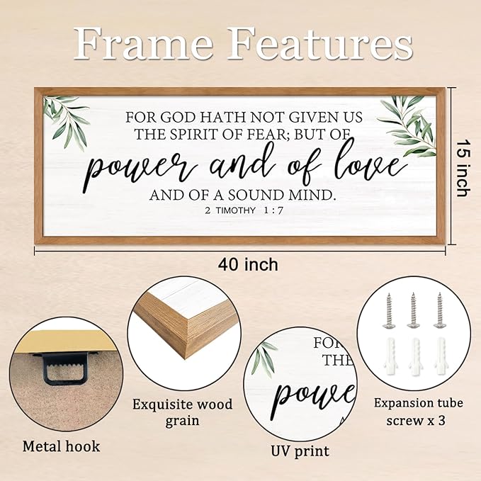 For God Hath Not Given Us the Spirit of Fear Wall Art – 40x15 Inch Framed Bible Verse Decor, 2 Timothy 1:7 Christian Wall Decor, Large Scripture Wall Art for Living Room Bedroom, Natural