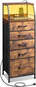 WLIVE LED Nightstand with Charging Station, Fabric Dresser with 5 Drawers for Bedroom, Tall Night Stand with Open Shelves, Bed Side Tables Living Room, Rustic Brown