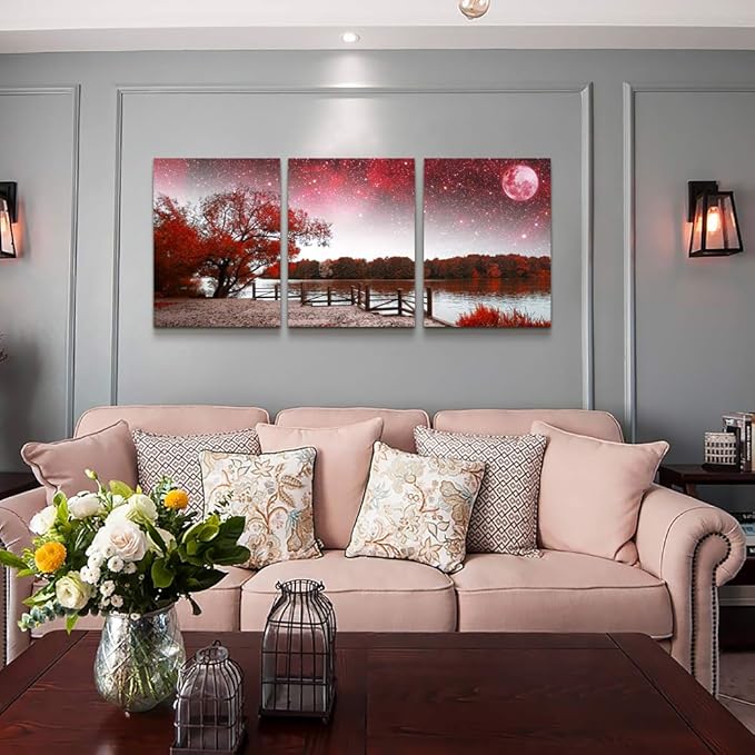 Wall Art for living room Canvas Prints bedroom Wall Decor for bathroom artwork Abstract Painting Red tree moon landscape paintings 16" x 24" 3 Pieces Modern framed office Home decorations for kitchen