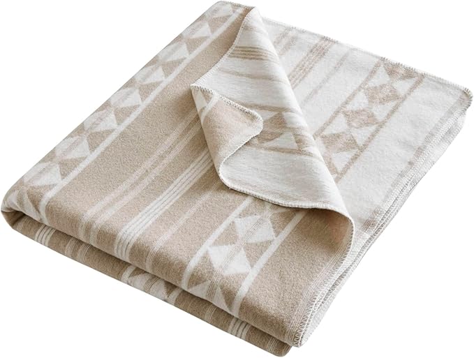Woolrich Cotton Blend Jacquard Blanket with Whipstitch Edge, Lightweight All-Season Bed Blanket, Machine Washable, Oeko-TEX Certified, Ivory Stripe, Twin