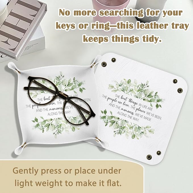 Inspirational Gifts for Women Leather Jewelry Valet Tray, Encouragement Gifts PU Leather Catchall Beside Caddy Nightstand Organizer Tray for Jewelry Rings Watches Keys, 7.8x7.8inch