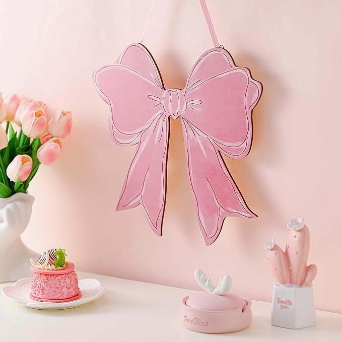 RattanView Pink Bow Wooden Hanging Sign Coquette Bow Wall Hanging Hanger Cute Preppy Wall Art Bowknot Welcome Door Sign Girly Decor for Girls Room College Dorm Apartment Indoor Outdoor Porch