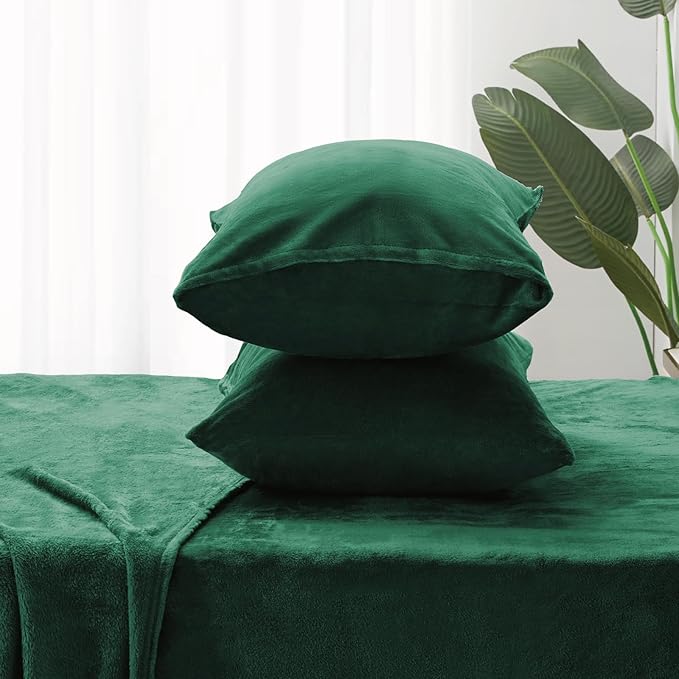 BEDELITE Flannel Sheets King Size Dark Green - Super Soft Fleece Sheets Set Fluffy Extra Plush, 4 Piece(Include Fitted Sheet, Flat Sheet, 2 Pillowcases)