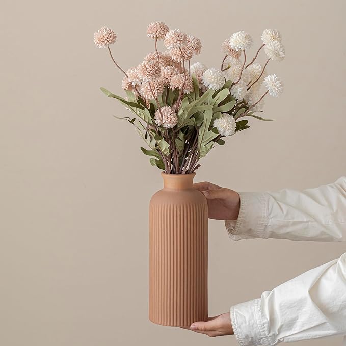 Coffee Ribbed Ceramic Vase for Flowers, Large Modern Textured Decorative Vase, 10 Inch Tall, Farmhouse Style Home Decor (Coffee)