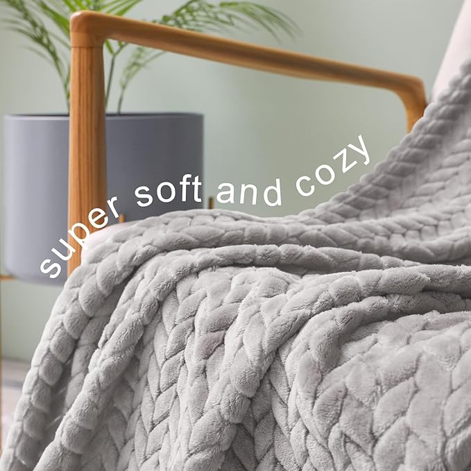 Exclusivo Mezcla Fleece Throw Blanket for Couch and Bed, 50x70 Inches Soft Cozy Jacquard Flannel Blankets, Lightweight Fuzzy Plush Warm Throws for Women, Light Grey