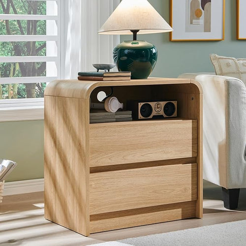 25" Tall Modern Nightstand Set of 2, 23.6'' Wide Wood Bedside Table w/2 Storage Drawers, Charging Station, Mid Century End Table for Bedroom, Living Room,Curved Profile Design, Natural Oak | Modern, Set of 2, Bedside Table, 2 Storage Drawers, Charging ...