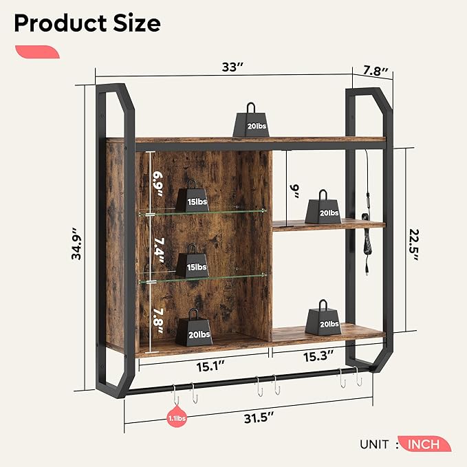 Bestier LED Kitchen Floating Shelves, 34" Industrial Pipe Shelves with Adjustable Glass Shelves, Wall Mounted Shelf with 6 S-Hook Towel Bar, Wine Coffee Bar Rack for Room Decor Rustic Brown