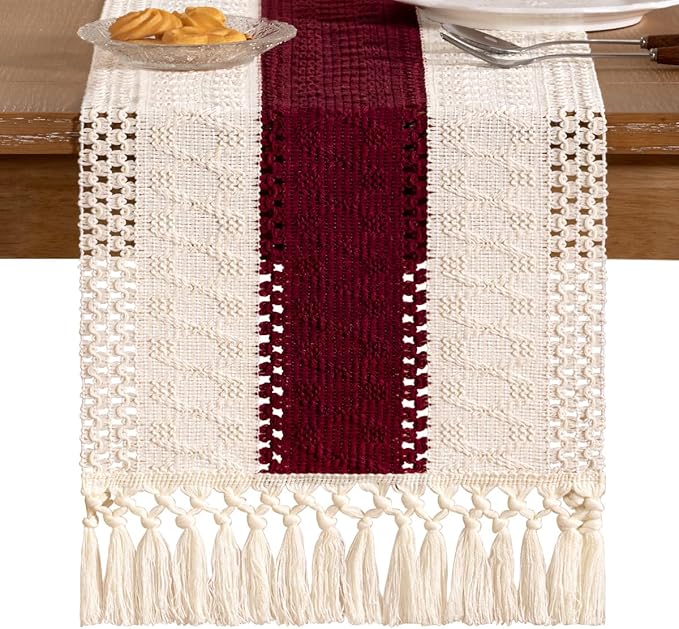Socomi Boho Table Runner Easter Spring Farmhouse Rustic Dining Kitchen Centerpiece Decor Small Macrame Woven Cotton Linen Coffee Table Runner for Dresser Scarf Home Decor 12x72 in Burgundy Ivory
