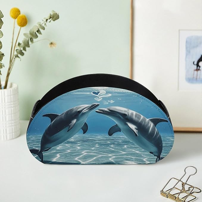 Dolphins in Love Remote Control Holder Organizer Box with 5 Compartment PU Leather Bedside Storage Caddy Remote Organizer for Controller Media Player Pen/Pencil Storage