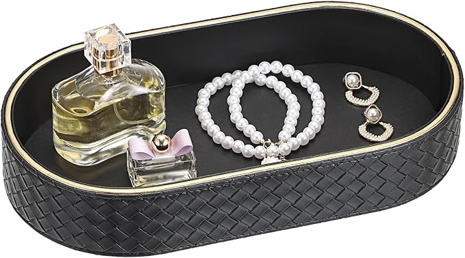 Hipiwe PU Leather Valet Trays Colognes Organizer Perfume Tray for Men, Modern Nightstand Bedside Storage Tray, Black Key Holder Bowl for Entryway Decorative Catchall Trays for Keys, Watch, Wallet
