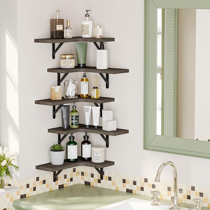 Fixwal Floating Shelves for Wall, Rustic Wood Wall Mounted Corner Shelf for Bathroom, Kitchen, Bedroom, Home Decor, Laundry Room, Living Room, Set of 5 (Weathered Grey)