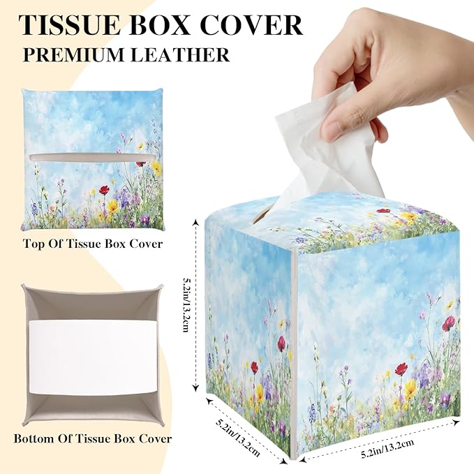 Flowers Tissue Box Cover, Blue Tissue Holder Square with Bottom Belt for Home Bathroom Office Vanity Countertop, Housewarming Gifts Ideas for Women Friends Mom Bestie -09