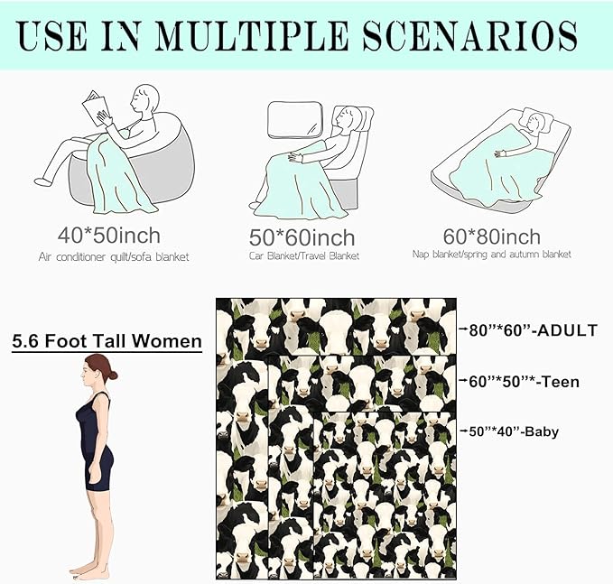 Black and White Cow Fleece Blanket - 60x80in Fun Cattle Throw Blankets,Soft Cozy Lightweight, Ideal for Living Room Home Farmhouse Decor and Kids Boys Girls Spring Pet Gifts