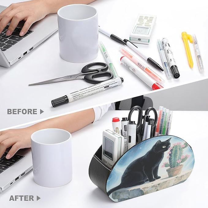 Black Cat Cactus Remote Control Holder Organizer Box with 5 Compartment PU Leather Bedside Storage Caddy Remote Organizer for Controller Media Player Pen/Pencil Storage
