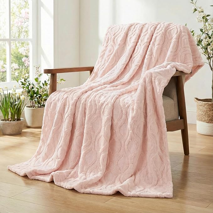 Horaldaily Solid Blanket Throw, Pink Accent Farmhouse Neutral Square Euro Soft Fuzzy Plush Faux Fur Cozy Blankets for Couch Sofa Bed Lounging, Ideal Gifts for Kids Adults Wife Self, 50x60