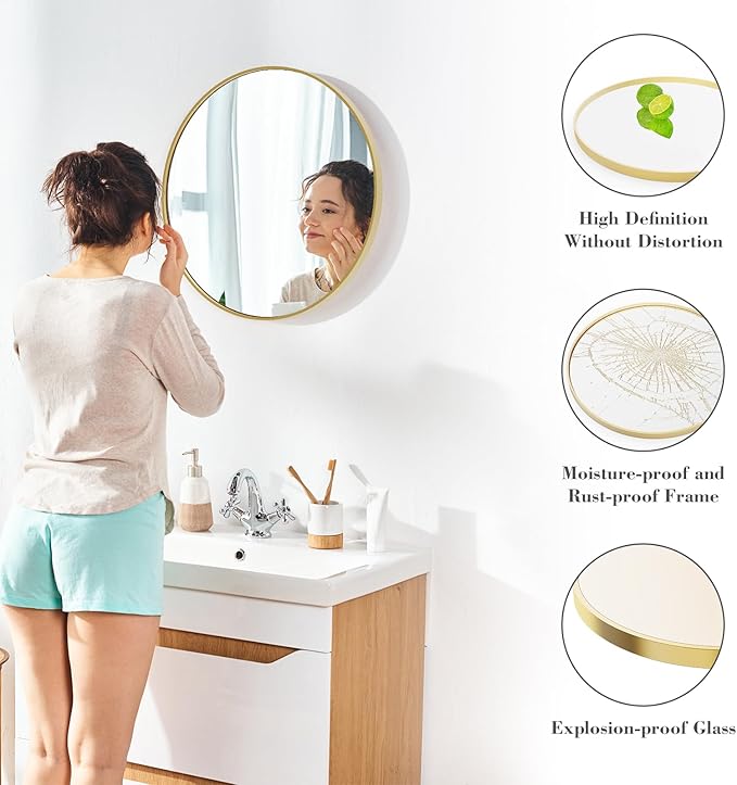 Sweetcrispy 28in Gold Round Bathroom Mirrors for Wall, Bathroom Mirrors for Over Sink, Wall Decor for Bathroom, Entryway, Bedroom, Vanity