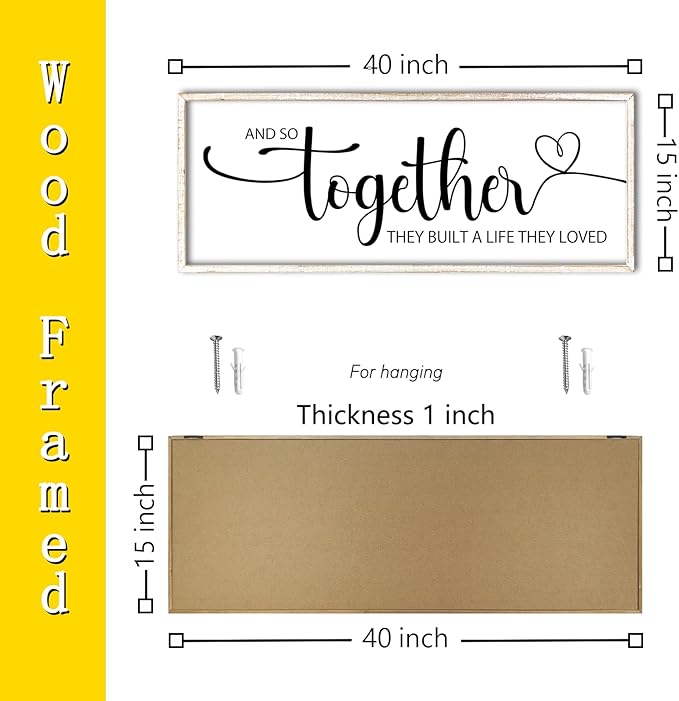 And So Together They Built A Life They Loved Sign Wall Decor 40"x15" Above Over Bed Master Bedroom Large Wood Framed Wall Hanging Art (White)