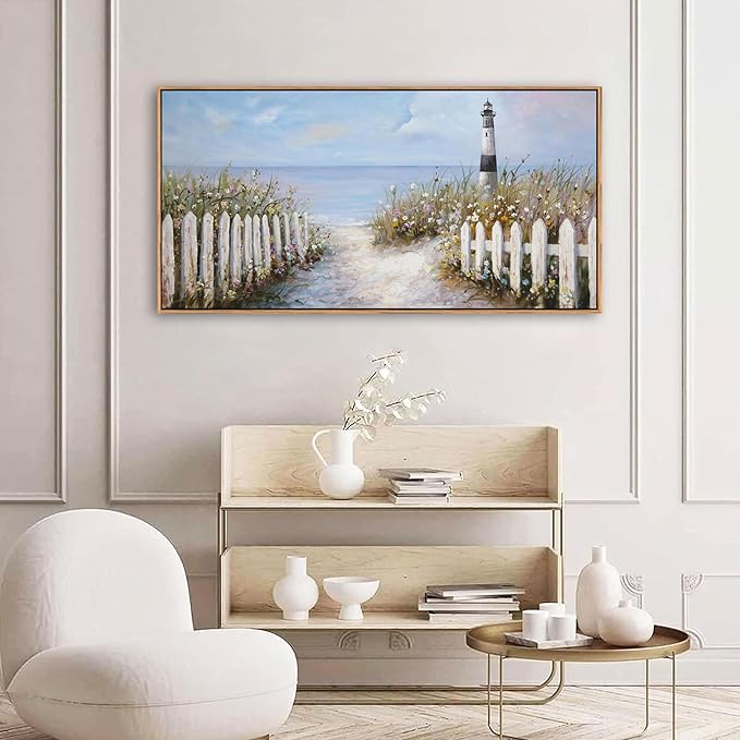 Ocean Wall Art for Living Room - Coastal Canvas Artwork for Walls, Vintage Landscape with Lighthouse, Farmhouse Beach Pictures, Framed Bedroom Wall Decor 20×40IN