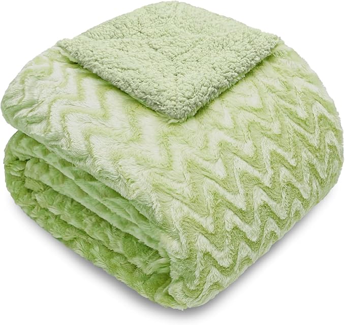 Whale Flotilla Faux Fur Sherpa Twin Size Blanket for Bed, Cozy Reversible Fuzzy Fluffy Plush Blankets for All Season, Warm and Soft, 60x80 Inch, Sage Green