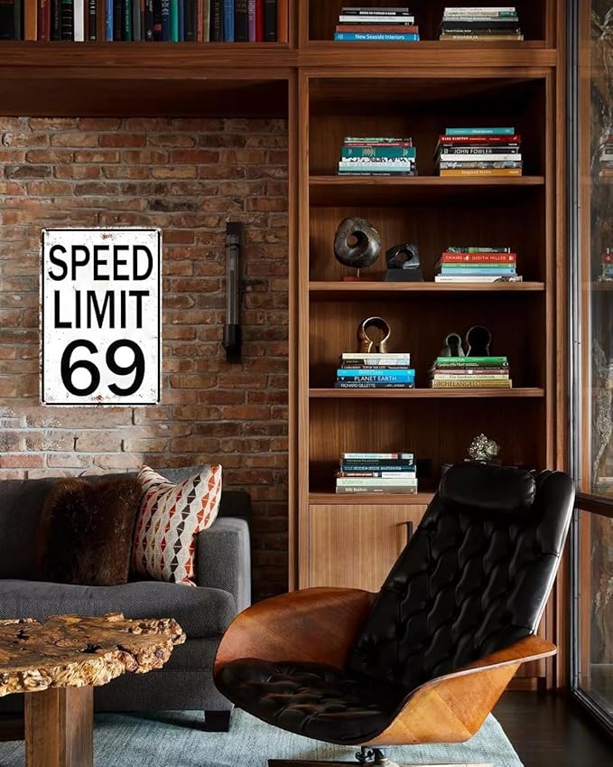 Boys Gifts Retro Tin Sign Speed Limit 69 Sign for Boys Room Man Cave Garage Cars Themed Room Bedroom Vintage Style Wall Art Decor 8 x 12 Inch (3296)