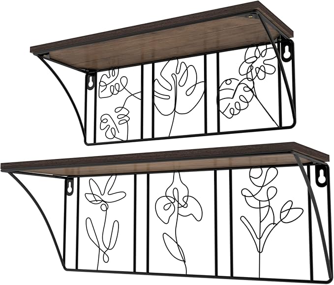 QUTREY Plant Wall Art Floating Shelves Set of 2, Minimalist Metal Abstract Decor Rustic Wooden Shelf for Living Room, Bedroom, Bathroom