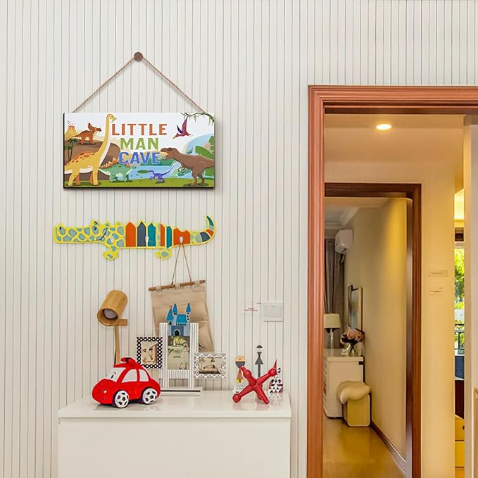 ZIEYOMI- Little Man Cave Sign Boys Room Decor, Dinosaur Theme Bedroom Decor Hanging Wall Art, Wooden Plaque Decorations for Nursery Boys Kids Toddler Playroom Living Room