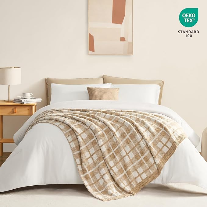 Snuggle Sac Checkered Throw Blanket for Couch, Super Soft Cozy Warm Knit Netural Decorative Fluffy Blankets, Reversible Buffalo Plaid Microfiber Throws for Sofa Bed, Beige Plaid, 50x60 Inches