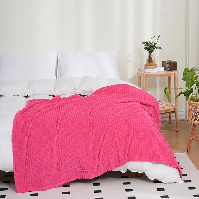 Puncuntex Flannel Fleece Throw Blanket Hot Pink 108"×90",Super Soft Plush Cozy Blanket with Square Grid Design Luxury for Couch Sofa Chair