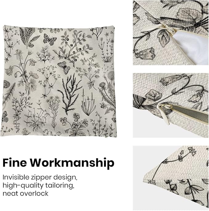 AEIOAE Spring Pillow Covers 20x20 Inch Set of 2,Black Gray Wild Flower Plant Throw Pillows Case,Seasonal Floral Outdoor Decorative Square Linen Farmhouse Decor Cushion Covers for Home Sofa Bed Couch