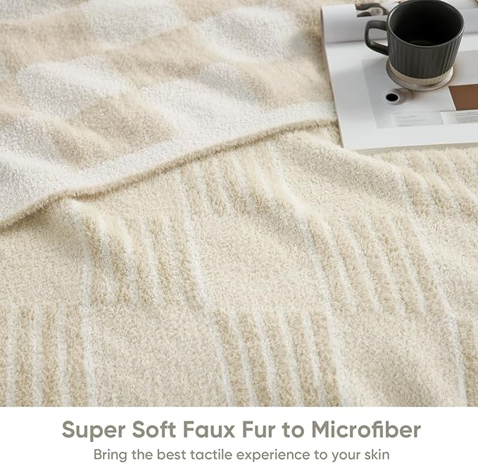 Snuggle Sac Faux Fur Checkered Blanket Twin Size with Soft Knitted Microfiber,Reversible Soft Cozy Warm Blanket for Sofa Bedroom,Cute Lightweight Striped Throws for Women,Heather Cream,60x80 inches