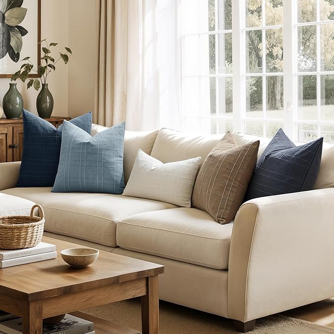 MIULEE Decorative Linen Check Throw Pillow Covers Neutral Farmhouse Vintage Pillow Covers 18x18 Set of 2 Boho Modern Home Decor for Sofa Couch Bedroom Cushion Blue Grey