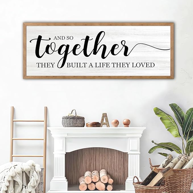 And So Together They Built A Life They Loved Decorative Rustic Sign & Plaque Framed Wall Art for Couples, 40''×15'' Vintage Wooden Horizontal Wall Decor Above Bed, Farmhouse Wedding Gift