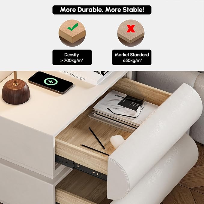homary Smart Nightstands Set of 2 with Wireless Charging Station, USB & Type-C Ports, Faux Leather White Night Stands Modern Bedside Tables for Bedroom Storage, Fully Assembled