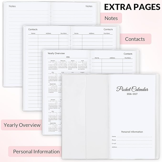 Pocket Calendar 2026-2027, Pocket Planner 2026-3.7" x 6.7" - Runs from January 2026 Until December 2027, Monthly Planner 2026-2027 with PVC Cover for Planning, Pink