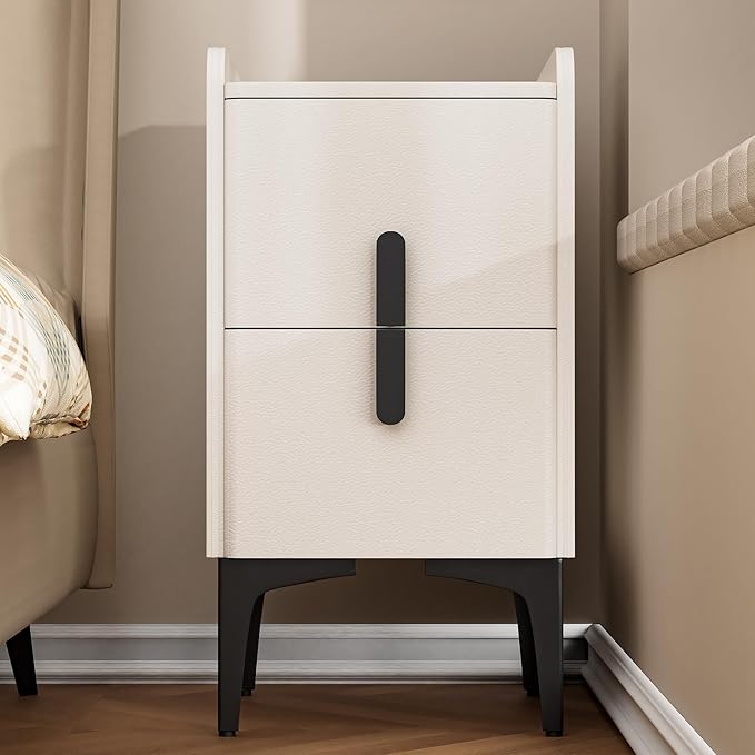 VICITON Narrow Nightstand with 2 Drawers, Narrow Side Table Leather Surface, Slim Bedside Table for Bedrooms, Dormitories, Living Rooms (Cream White, 15.7" D x 11.8" W x 22.4" H)