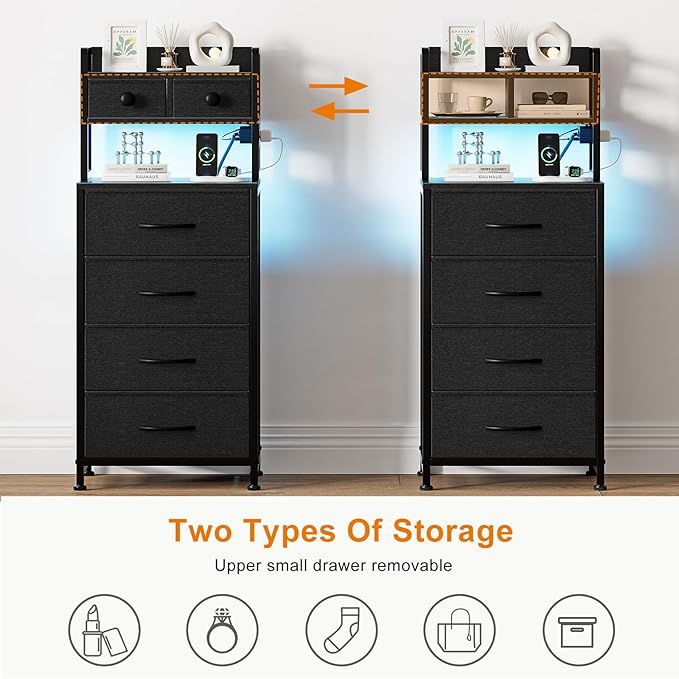 REAHOME 41 Inch Tall Nightstand with Charging Station, LED Night Stand with 6 Fabric Drawers, Bed Side Table with 3-Tier Wood Storage Shelves for Bedroom, Office, Small Spaces, Dark Gray